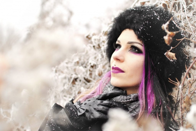 Model, Gothic, fashion, designer,  winter, make up, purple hair, contact lenses, natural light