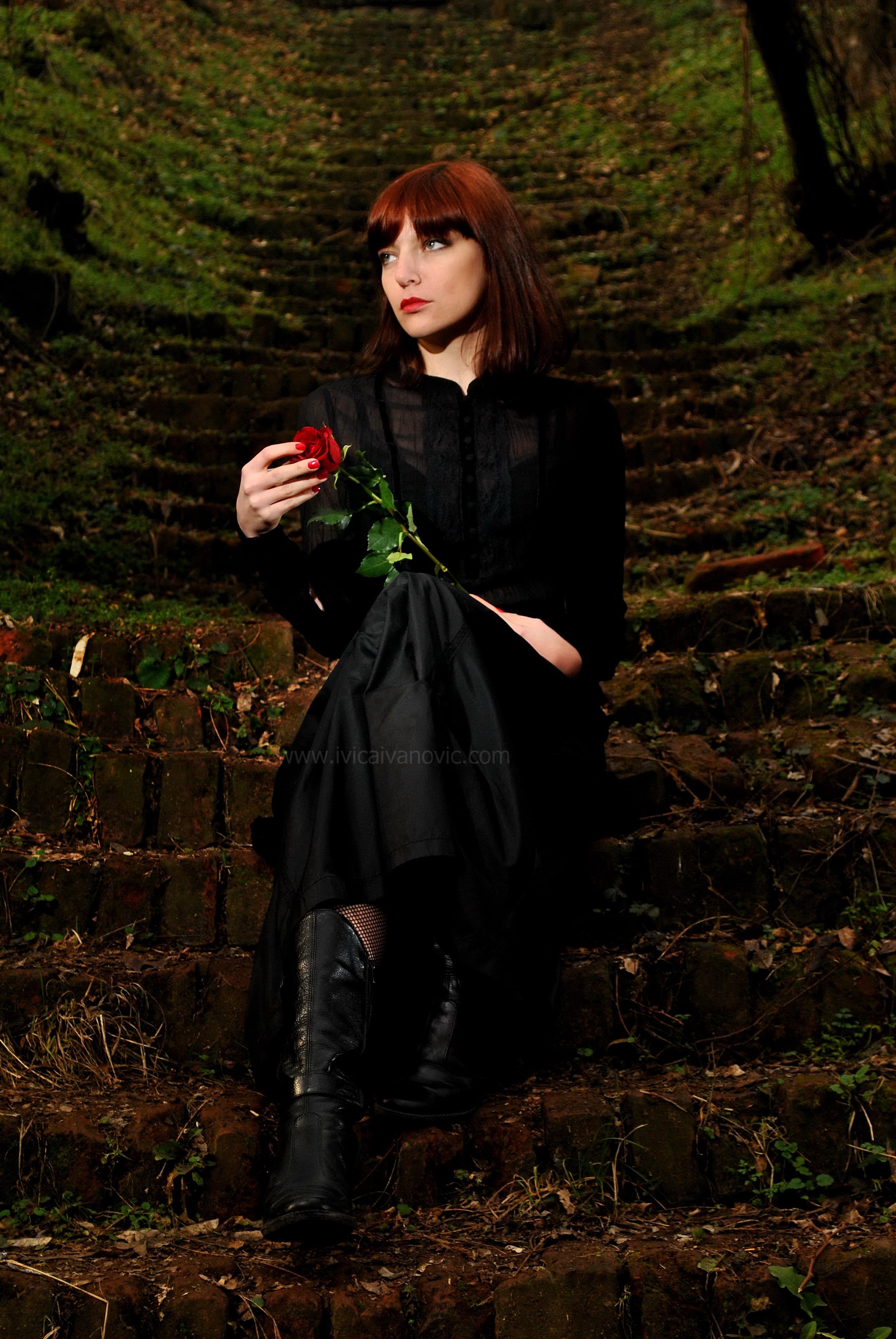 Model, gothic, red hair, red rose, black dress, fashion, beauty, mood