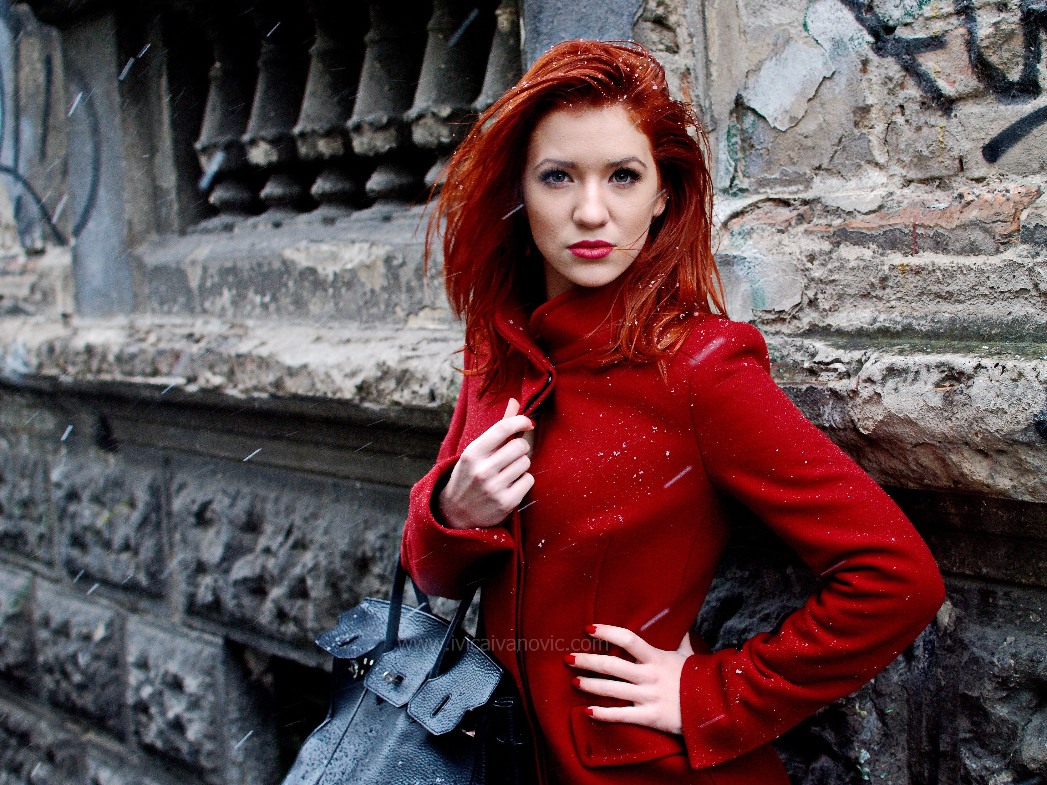 Model, portrait, beauty, red hair, red coat, fashion, red lips, strong woman